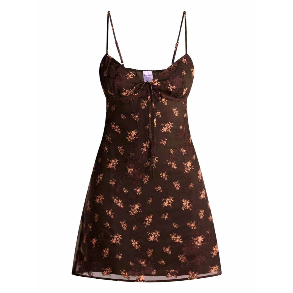 No Boundaries Brown Floral Embroidered Chiffon Slip Mini Dress M (8-10)
